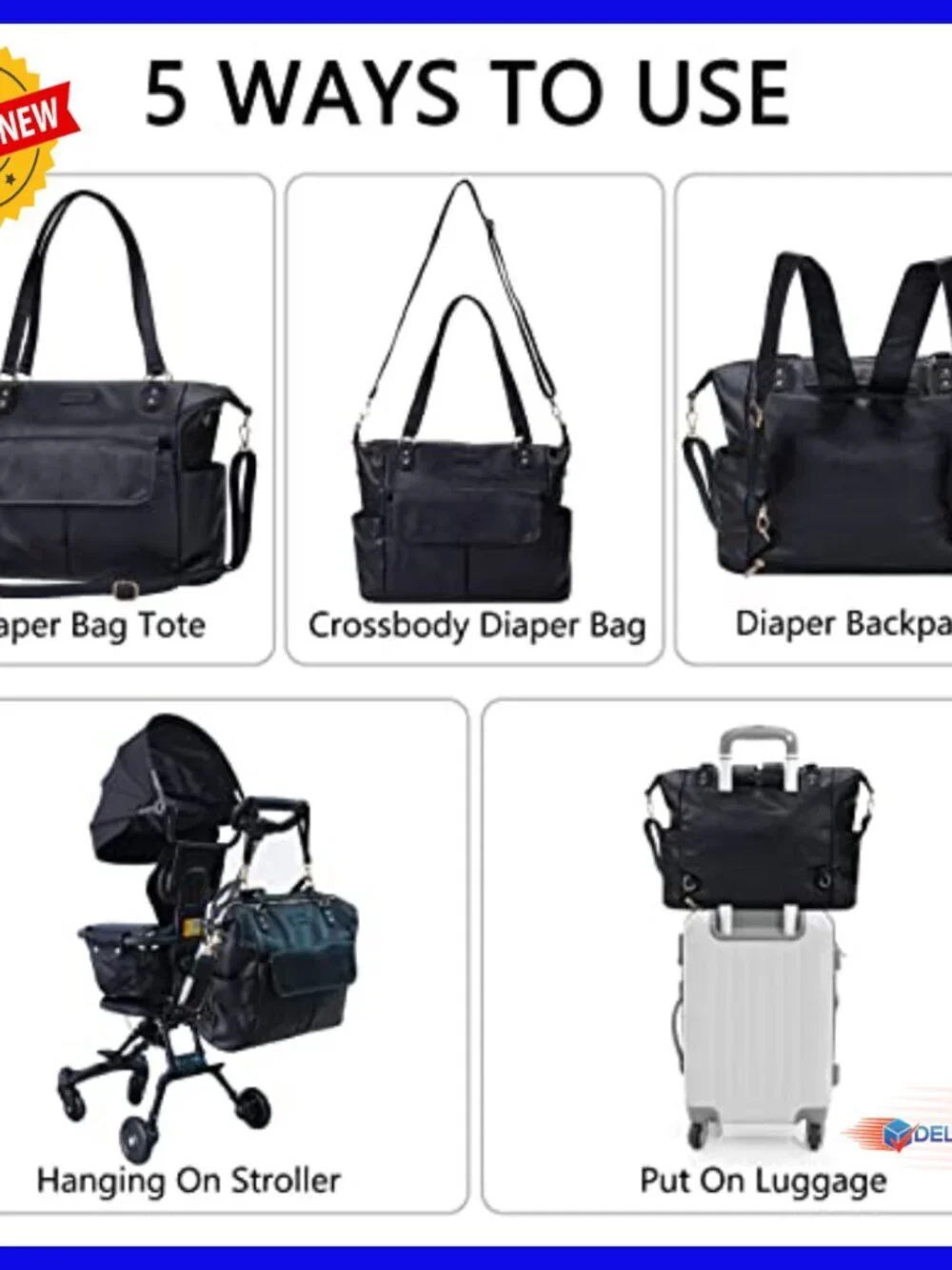 Large Leather Diaper Backpack Tote with 13 Pockets and Insulated Compartments
